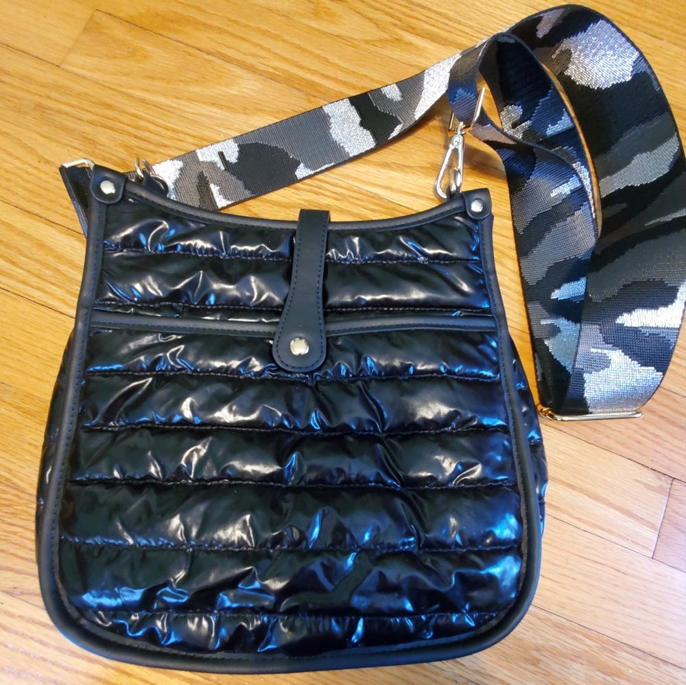 Black Quilted Puffer Crossbody Bag with Camouflage Strap